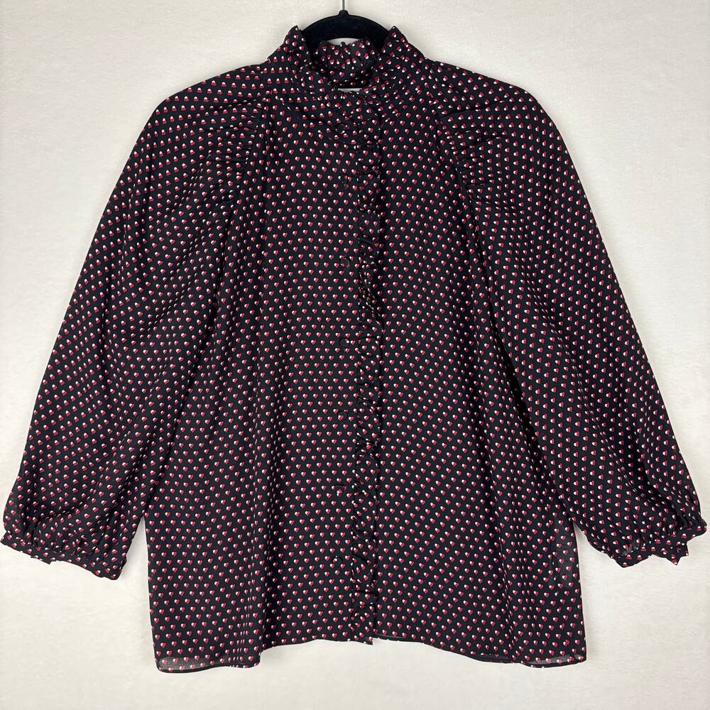 FRAME Grace Silk Blouse, Noir Heart Ruffle Trim Button 3/4 Puff Sleeve, Large